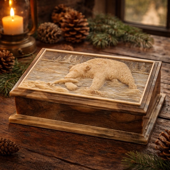 Vintage Carved Onyx Bear Jewelry Box Rustic Cabin Lodge Decor